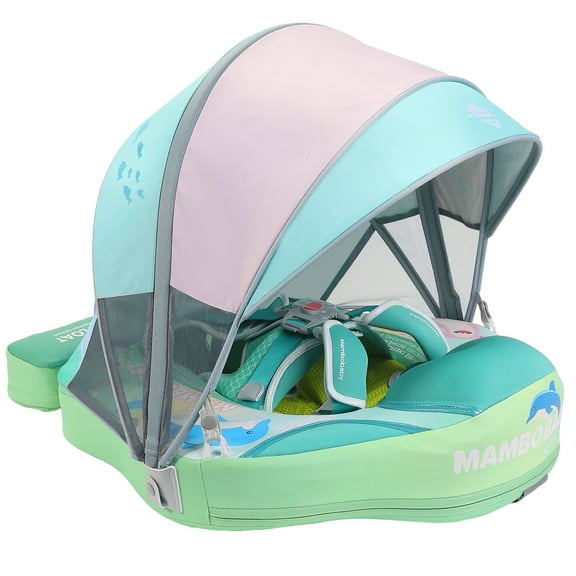 Mambobaby Float Add Tail No Flip Over Non-Inflatable Baby Swim Float Pearl Foam Solid Water Floats Smart Swim Trainer Infant Pool Float Swim Ring with Sun Canopy