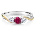 thumbnail image 3 of Gem Stone King 925 Sterling Silver and 10K Yellow Gold Red Created Ruby and White Lab Grown Diamond 3 Stone Engagement Ring for Women (0.48 Cttw, Gemstone July Birthstone, Size 9), 3 of 6