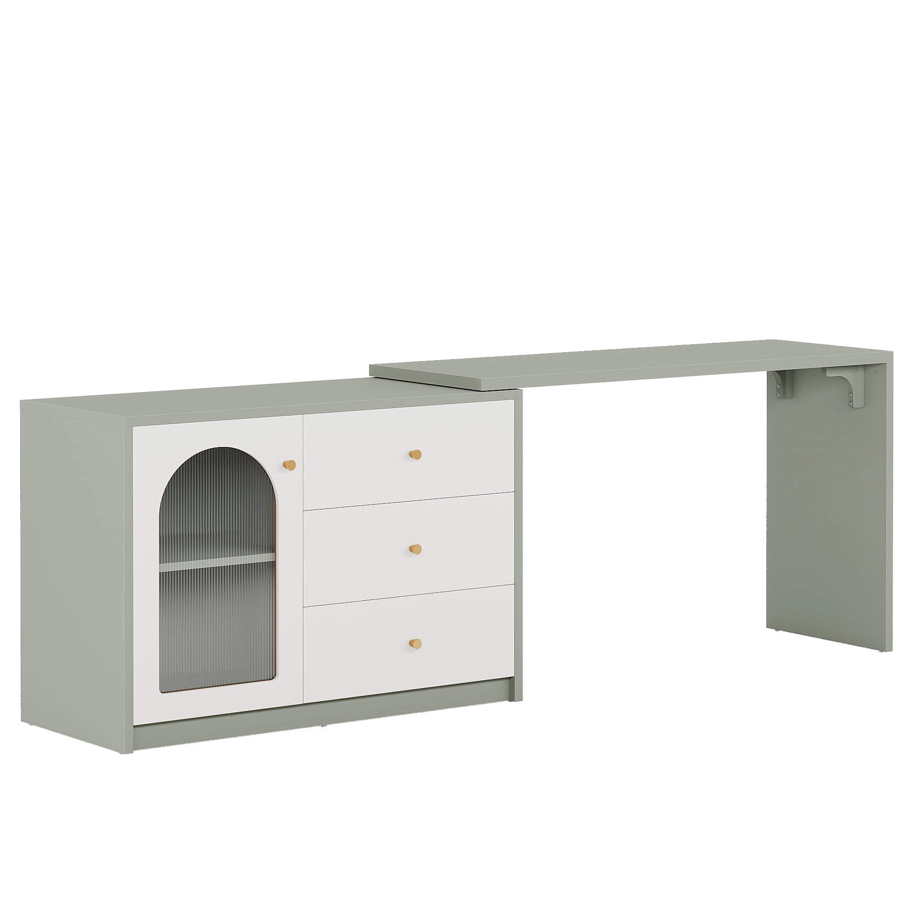 Fnova 48" Table for Nail Tech, Modern Stretchable L-Shaped Nail Corner Desk Station with Cabinet and 2 Drawers, Beauty Salon Workstation Decor with Storage Shelves, White Green