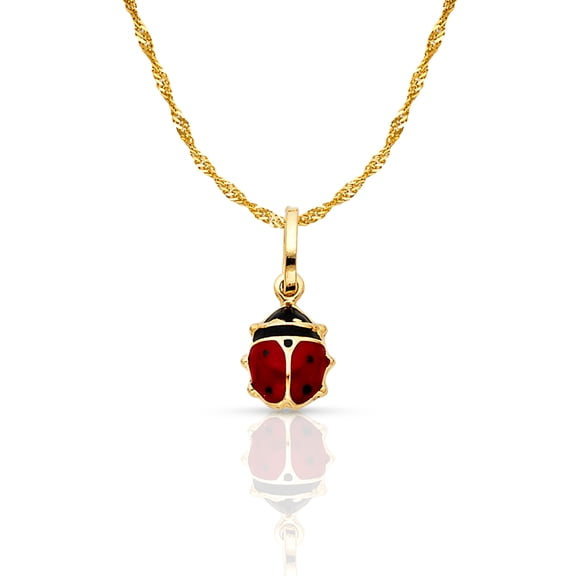 14K Yellow Gold Lady Bug Colored Enamel Lucky Charm Pendant with 0.9mm Singapore Chain Necklace