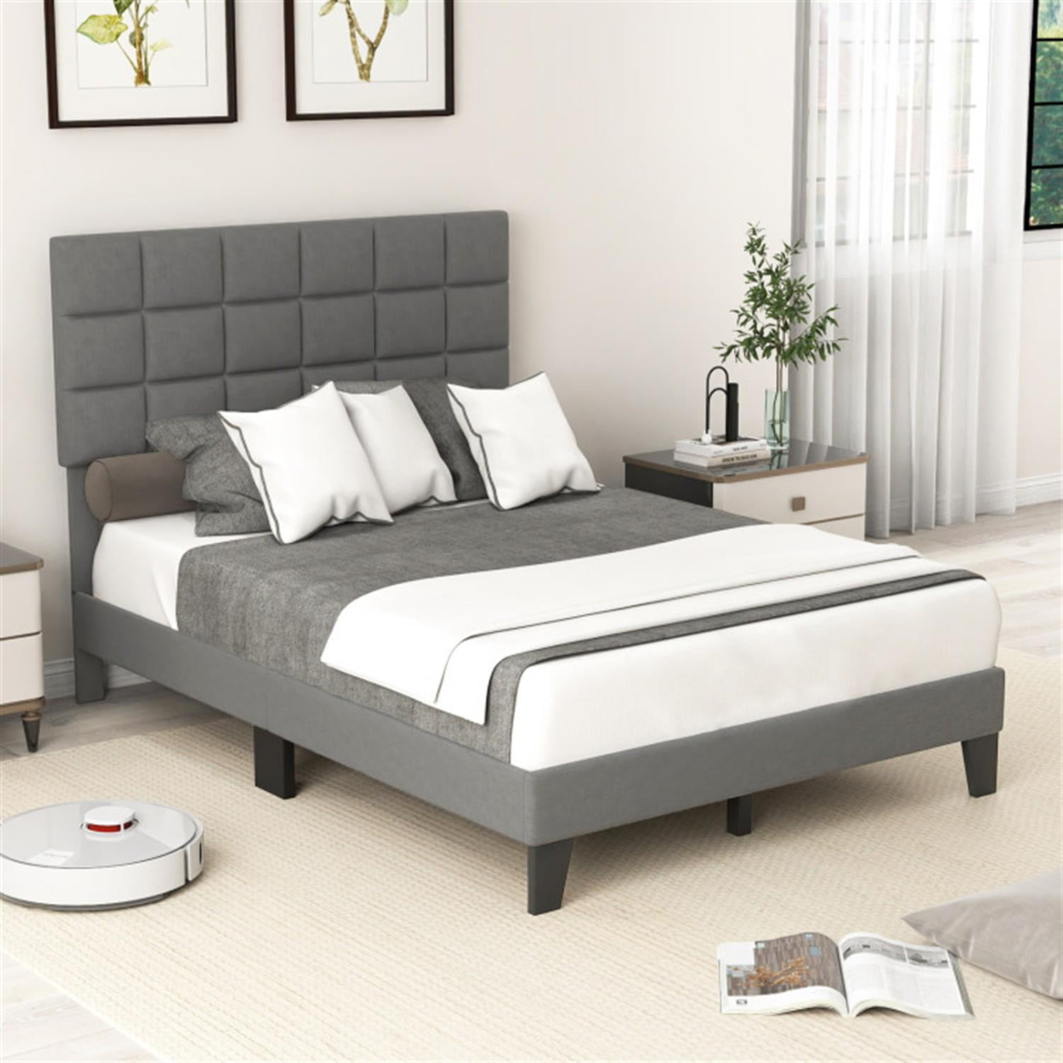 Demi Bonn Full Size Bed Frame with Adjustable Headboard, Modern Linen Platform Bed Frame with 10 Strong Wood Slat Support, No Box Spring Needed, Gray