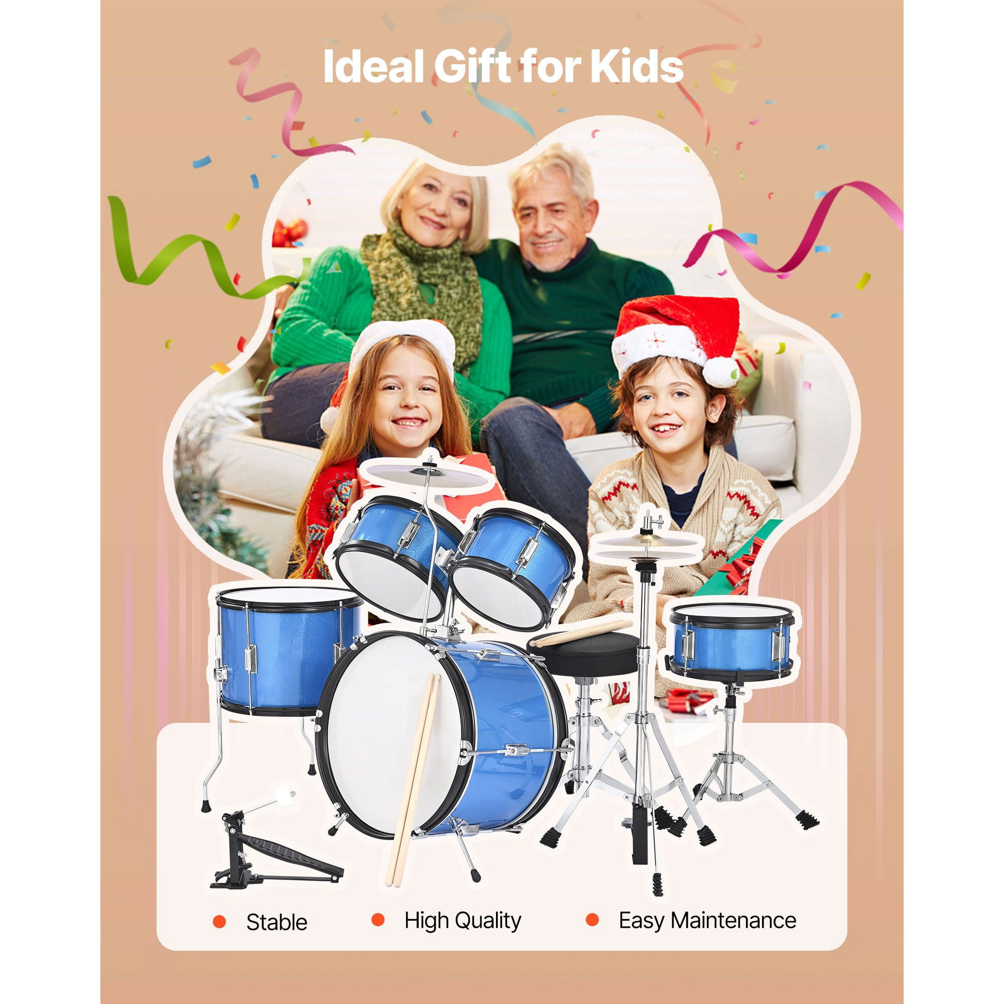 Kids Drum Set, 5-Piece 16 in Junior Drum Sets, Beginner Drums Set with Adjustable Throne, Cymbal & Two Pairs of Drumsticks, Musical Learning Drums Instruments Kit, for Children Ages 6-13 (Blue)