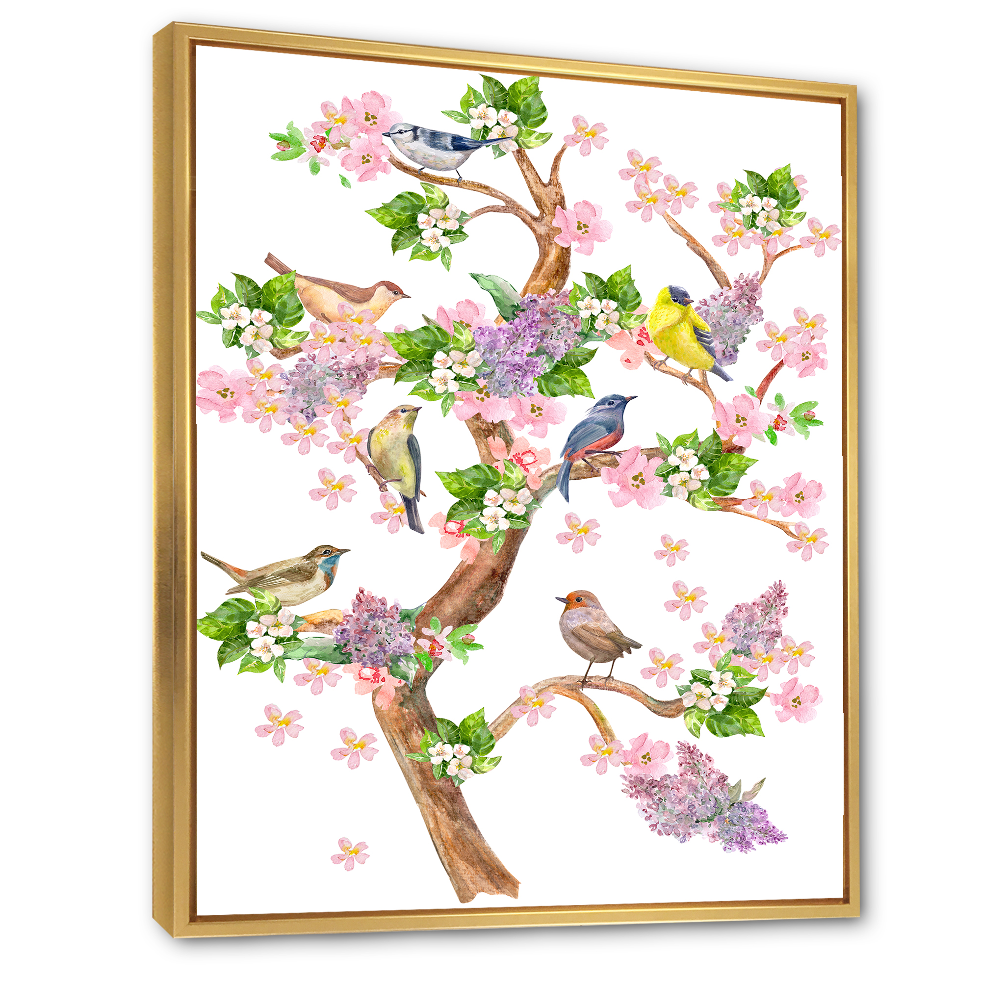 Tree With Colorful Birds Sitting On Flowering Branches 24 in x 32 in Framed Painting Canvas Art Print, by Designart