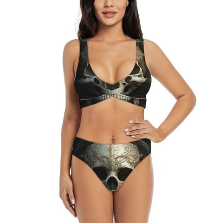 Zeuib Gold Pattern Skull High Waisted Tummy Control Bikini Set - Knot Front Push Up Top & Cheeky Thong Bottom  Two-Piece Swimsuit for Women-Large