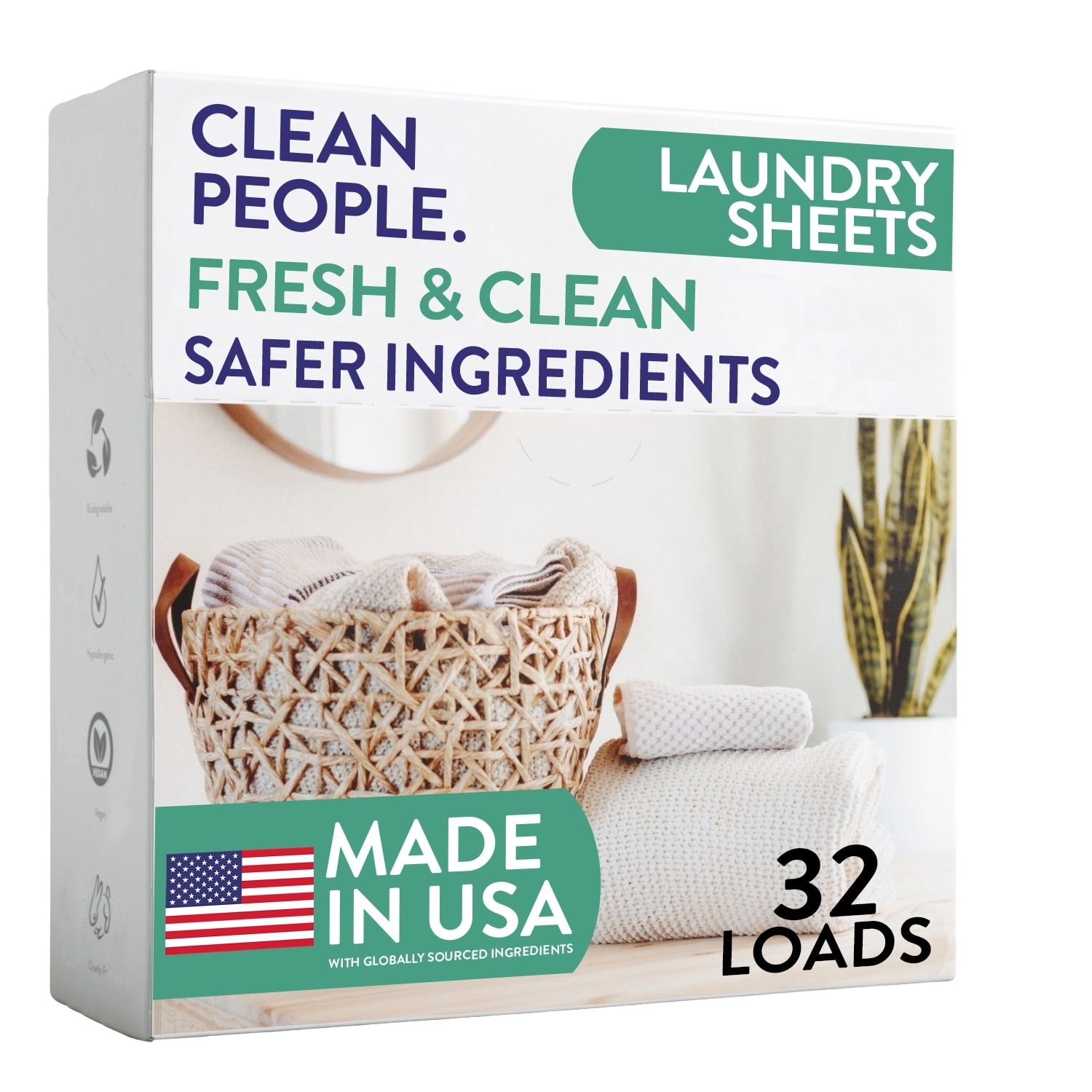 Clean People Laundry Detergent Sheets - Clean Ingredients, No Plastic Jug - Fresh Scent, 32 Pack