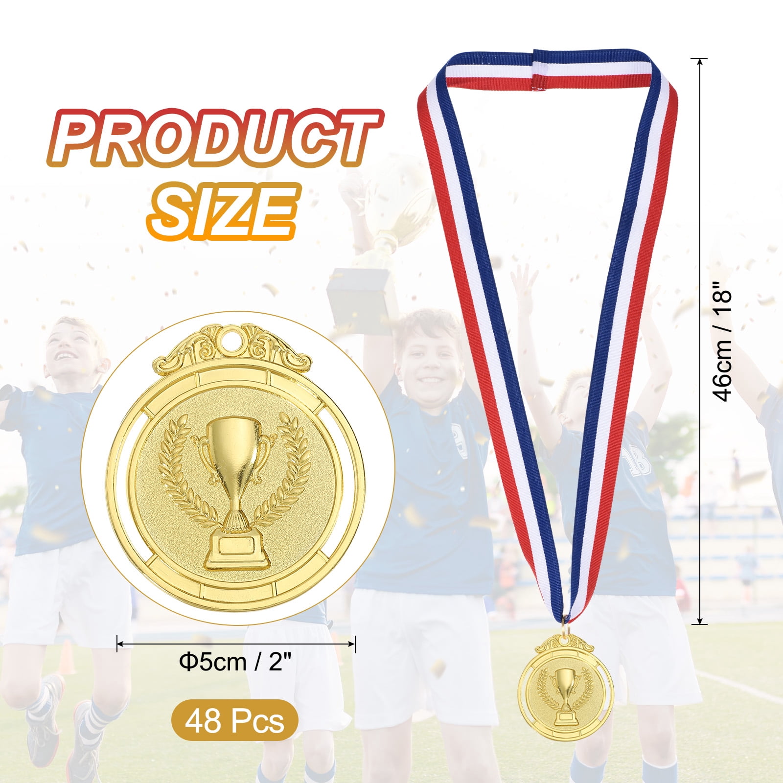 Uxcell 2 Inch Gold Award Medals Metal Winner Medals with Neck Ribbon Trophy Pattern for Team Sports Games Party Favors 48 Pieces