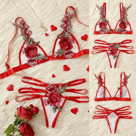 Chuancc Womens Underwear Sexy Lace Lingerie Bra Flowers Bralette G-String Thong Embroidery Bustier Sexy Underwear for Women Bra for Women Clearance Red M