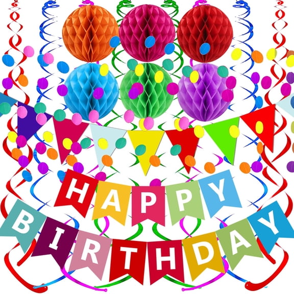 LAVUNE Happy Birthday Banner Set, Colorful Flag Bunting, Circle Confetti Garland, Swirl Streamers and Honeycomb Balls for Birthday Party Decorations