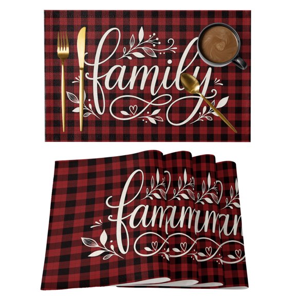 Family Placemats Set of 4, Country Vintage Farmhouse Minimalist Leaf Black Red Plaid Non-Slip Place Mats Washable Table Mats for Kitchen Dining Table Decorations Indoor/Outdoor