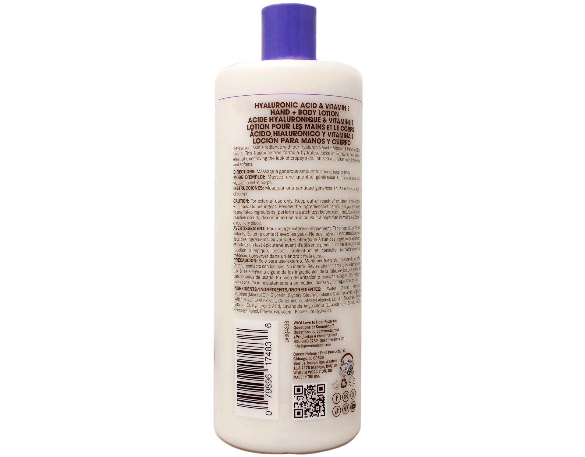 Queen Helene Hyaluronic Acid + Vitamin E Hand + Body Lotion, Instant Skin Hydrator, Normal to Dry Skin, 32 FL OZ - 4 Pack