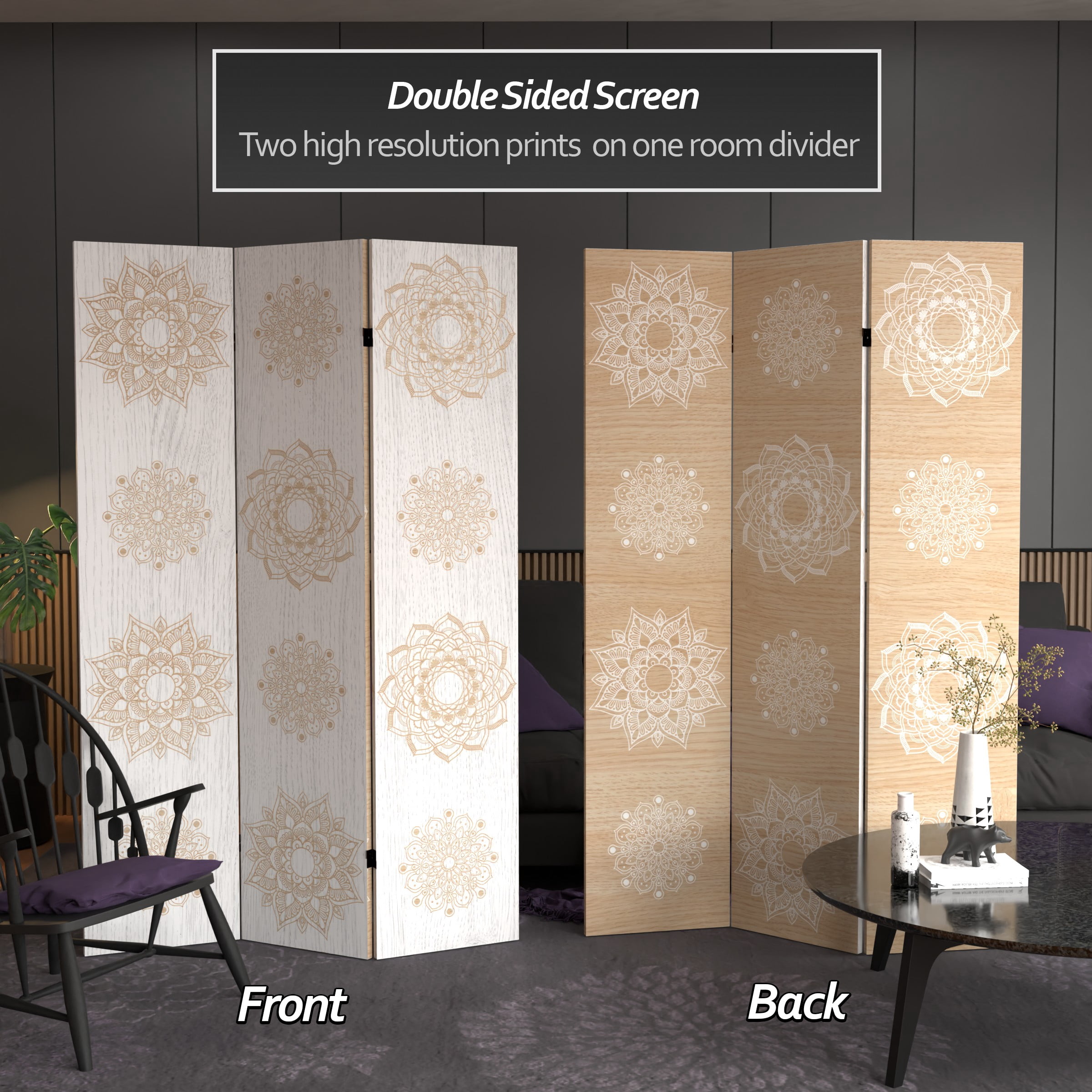 Oriental Furniture 6 ft. Tall Mandala on Birch Canvas Room Divider - 3 Panel