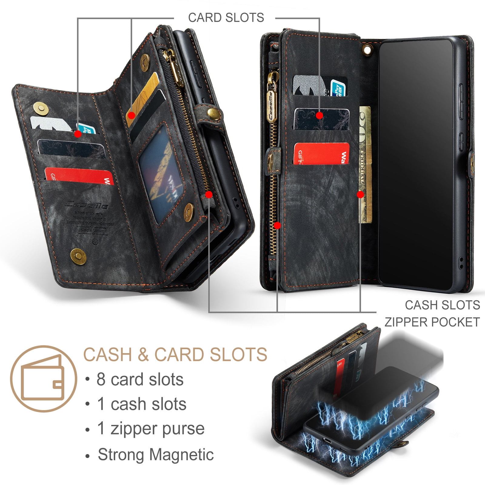 Feishell Durable 2-In-1 Magnetic Detachable Wallet Case for Samsung Galaxy S22,for Women Men,Premium PU Leather Zipper Pocket Flip Multi Card Slots Purse Phone Case with Wrist Strap,Black
