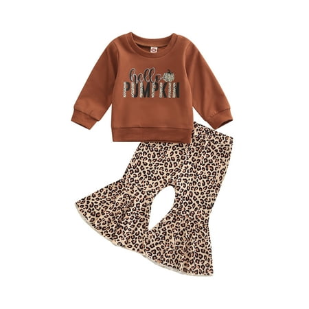 

Toddler Baby Girl Halloween Outfit Hello Pumpkin Sweatshirt Tops Leopard Bell Bottoms Pants Cute Fall Clothes