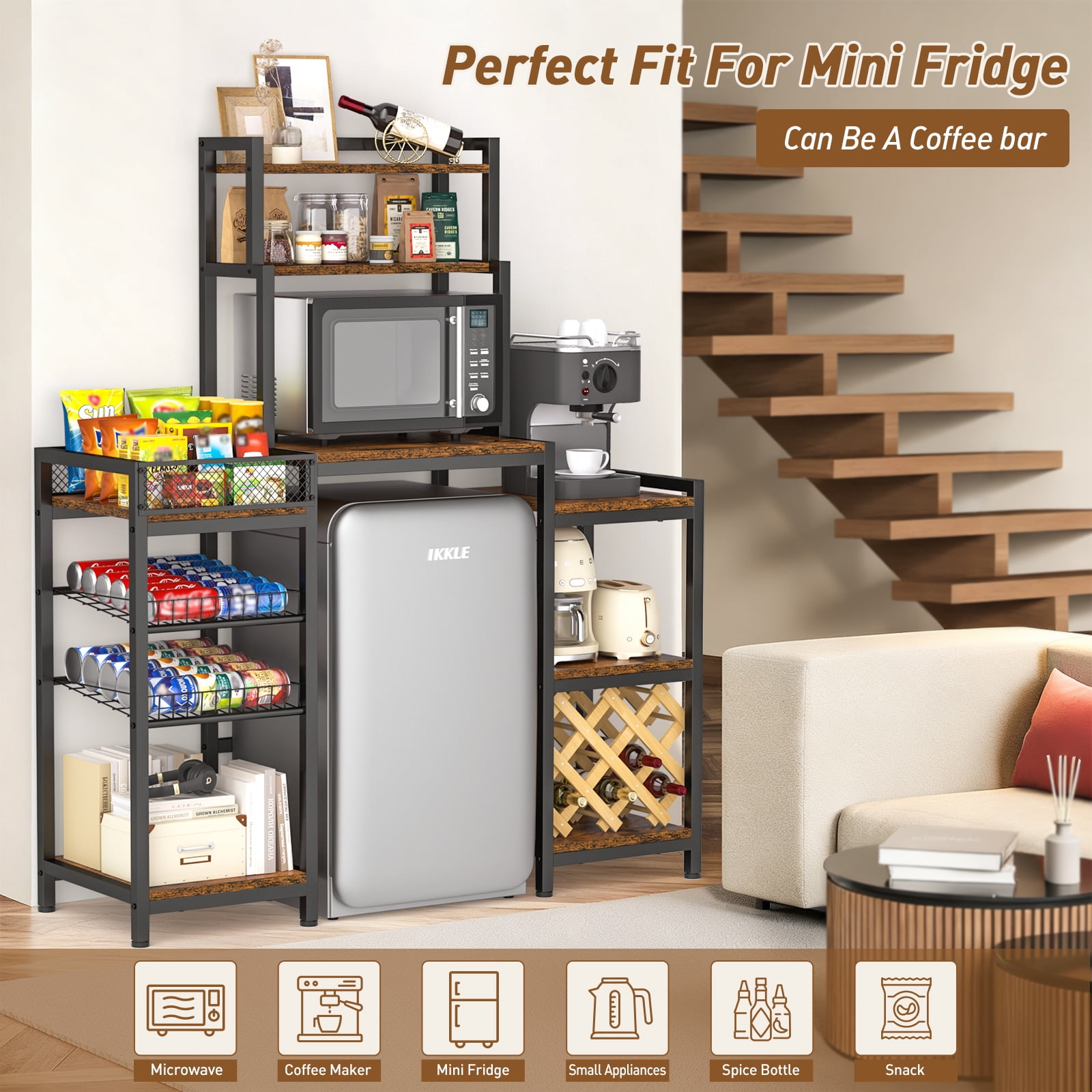 Large Storage Shelf with Mini Fridge & Microwave Stand, Cabinet Storage Space for Dorm Kitchen