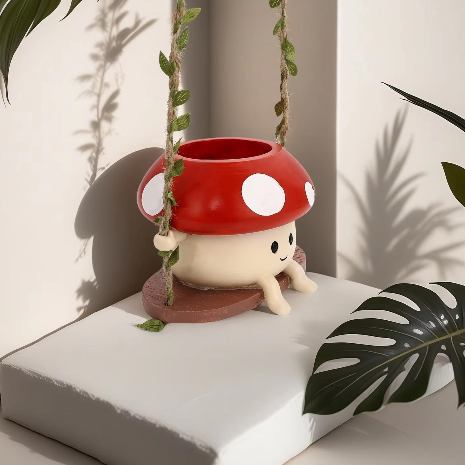 Opvise Low-Maintenance Cartoon Face Mushroom Swing Hanging Planter Pot with Wooden Holder, Lightweight Resin Ceramic Flower Pot for Indoor Outdoor Plants, Decorative Garden Decor