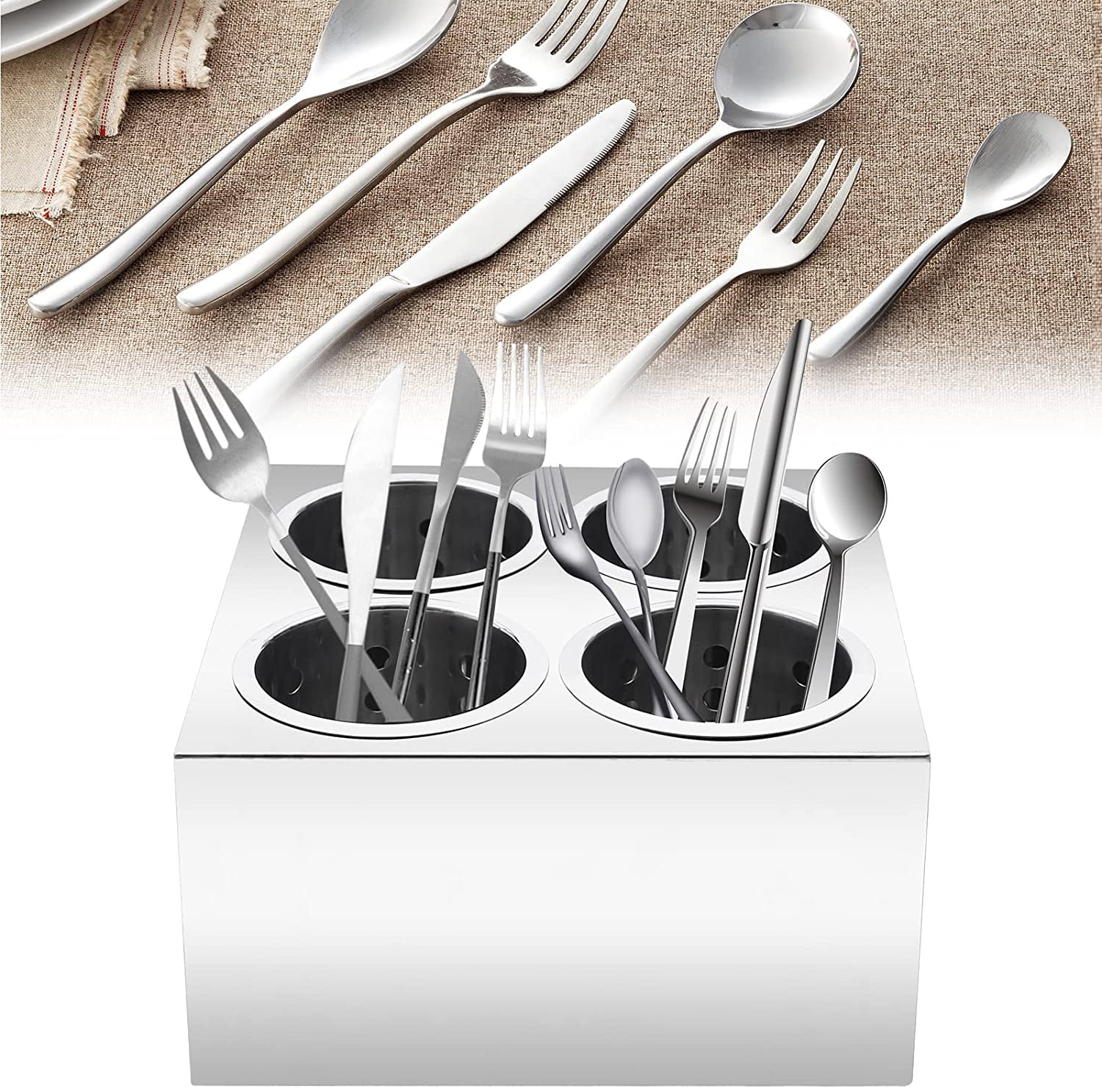 FETCOI Commercial 4-Hole Stainless Steel Cylinder Utensil Holder Organizer Kitchen Flatware Silverware Cutlery Holder Drainable