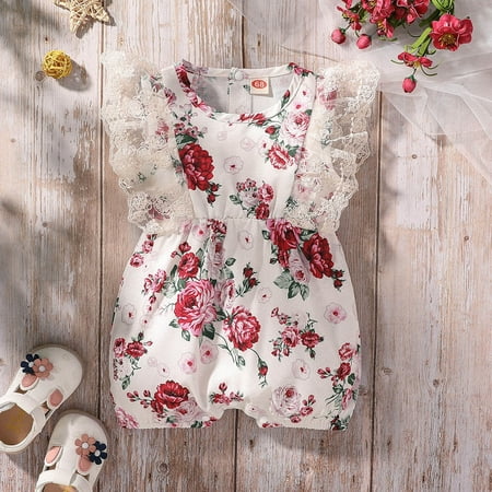 

Girls Lace Fly Sleeve Floral Printed Romper Jumpsuit