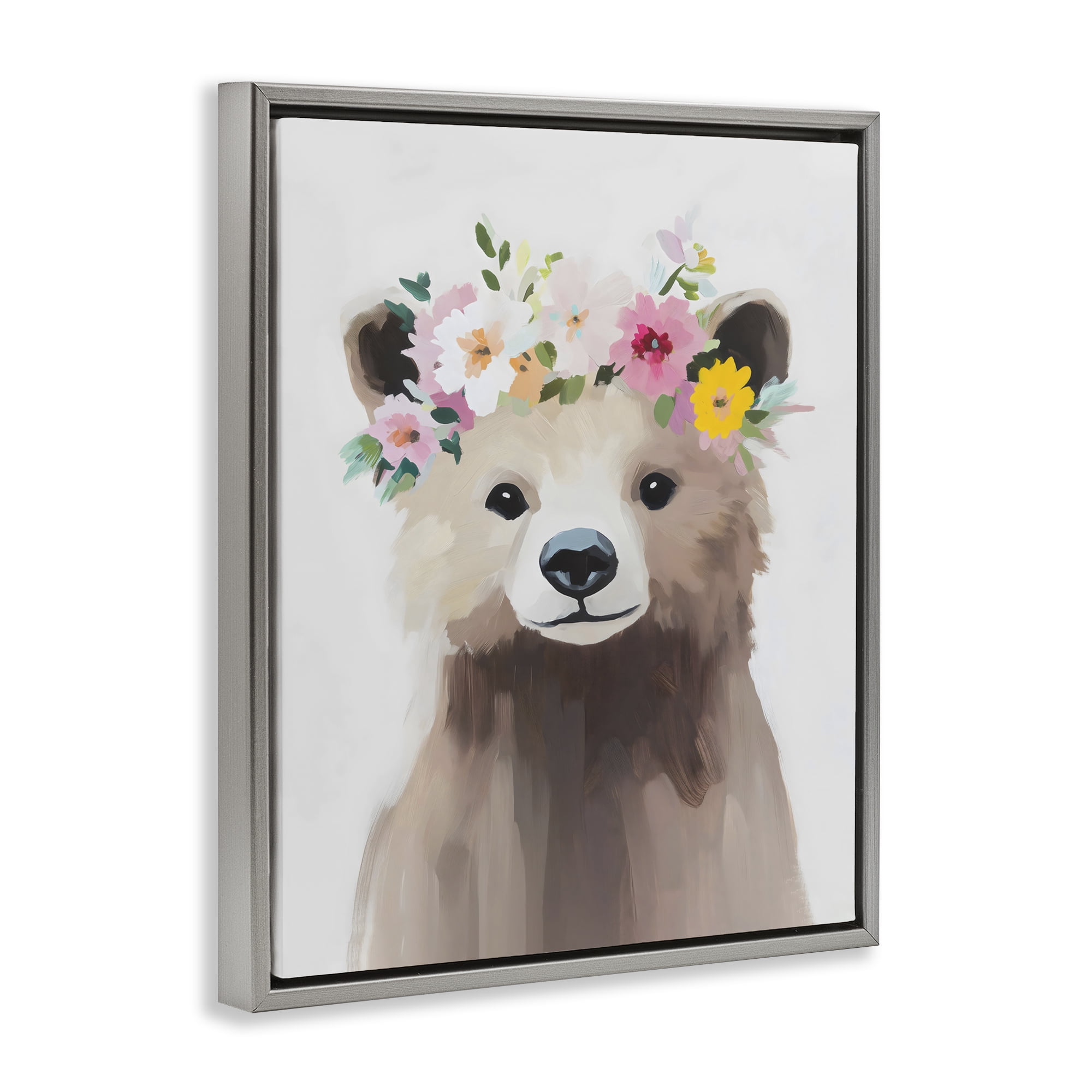 Stupell Industries Flower Crown Bear Gray Framed Floater Canvas Wall Art, design by The Prints Vibe