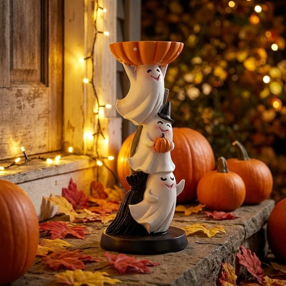 Halloween Decorations Stacked Triple Ghost Resin Candy Bowl Figurine Three Ghosts with Witch Broom & Pumpkin Tray Spooky-Cute Snack Storage for Tiered Tray Mantel Indoor Home Party Decor