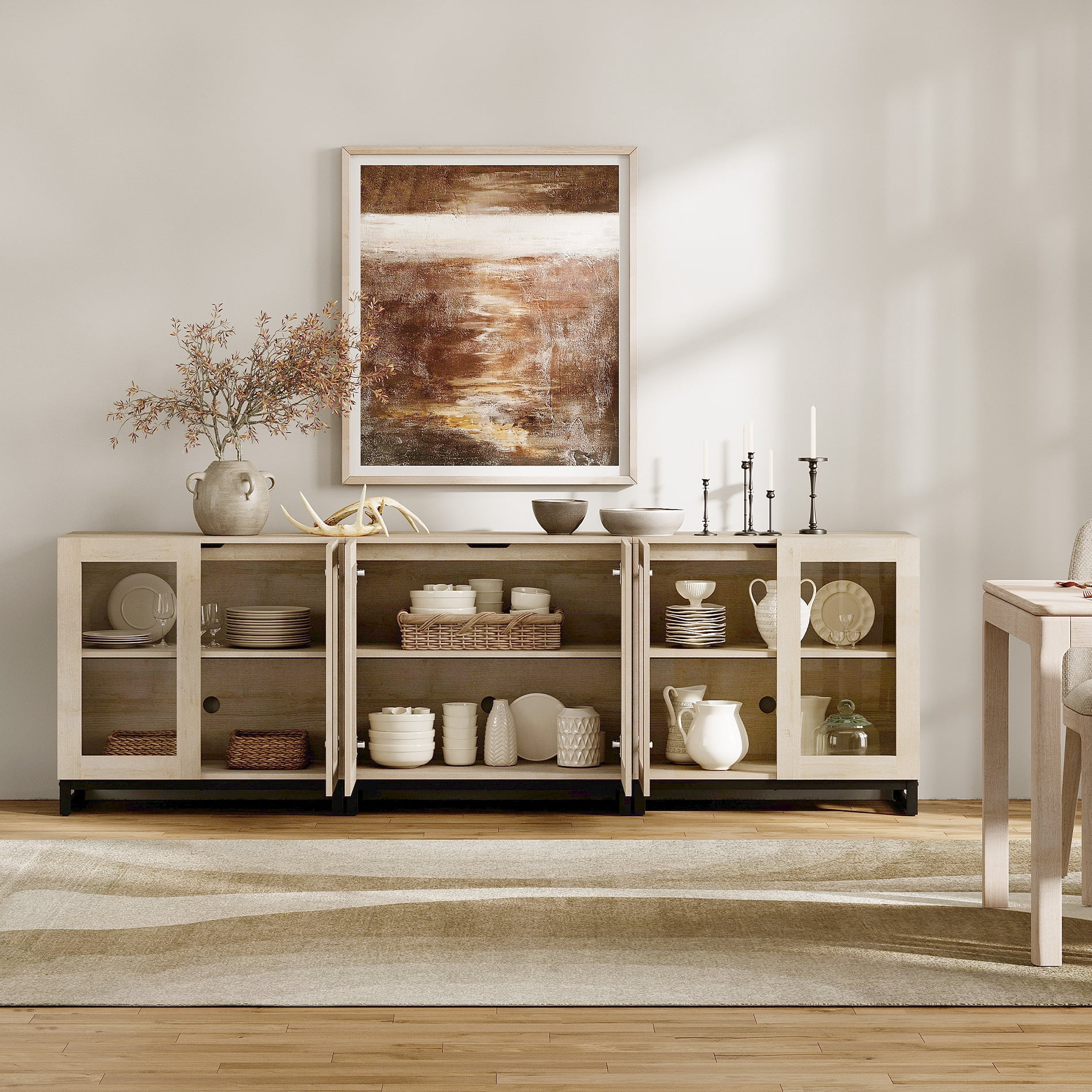 WAMPAT 3-in-1 Multifunctional Sideboard Buffet Cabinet with 6 Glass Doors and Adjustable Shelf Coffee Bar Storage Cabinet for Living Room Kitchen,Beige