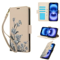 for iPhone 13 Case with Floral PU Leather, RFID Blocking Card Slots, Kickstand Magnetic Closure Drop Protection Wristband Wallet Phone Cover for Women Girls for iPhone 13, Apricot