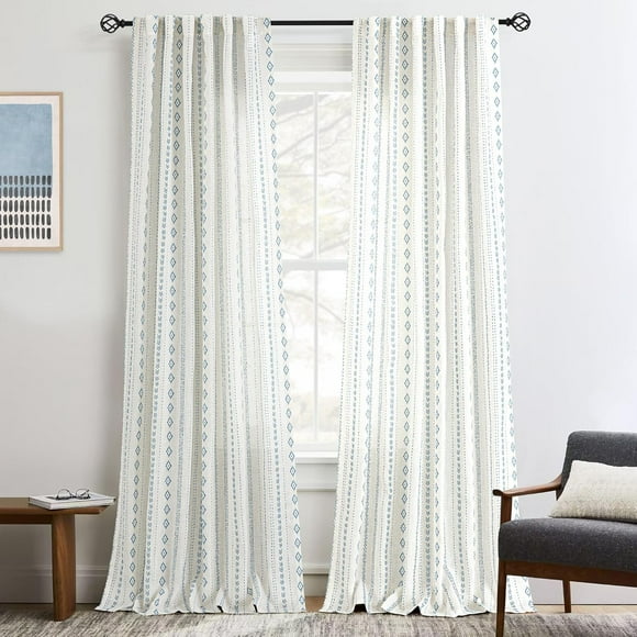 AIR-Natural Linen Boho Curtains for Living Room Light Filtering Blue and White Geometric Pattern window Curtains 84 inch Long Western Bohomian Drapes Cream Rustic Farmhouse Home Decor Back Tab 2 Pane