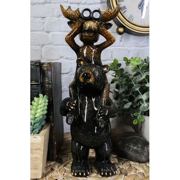 Whimsical Bull Moose Elk Sitting On Black Bear Shoulders W/ Binoculars Figurine