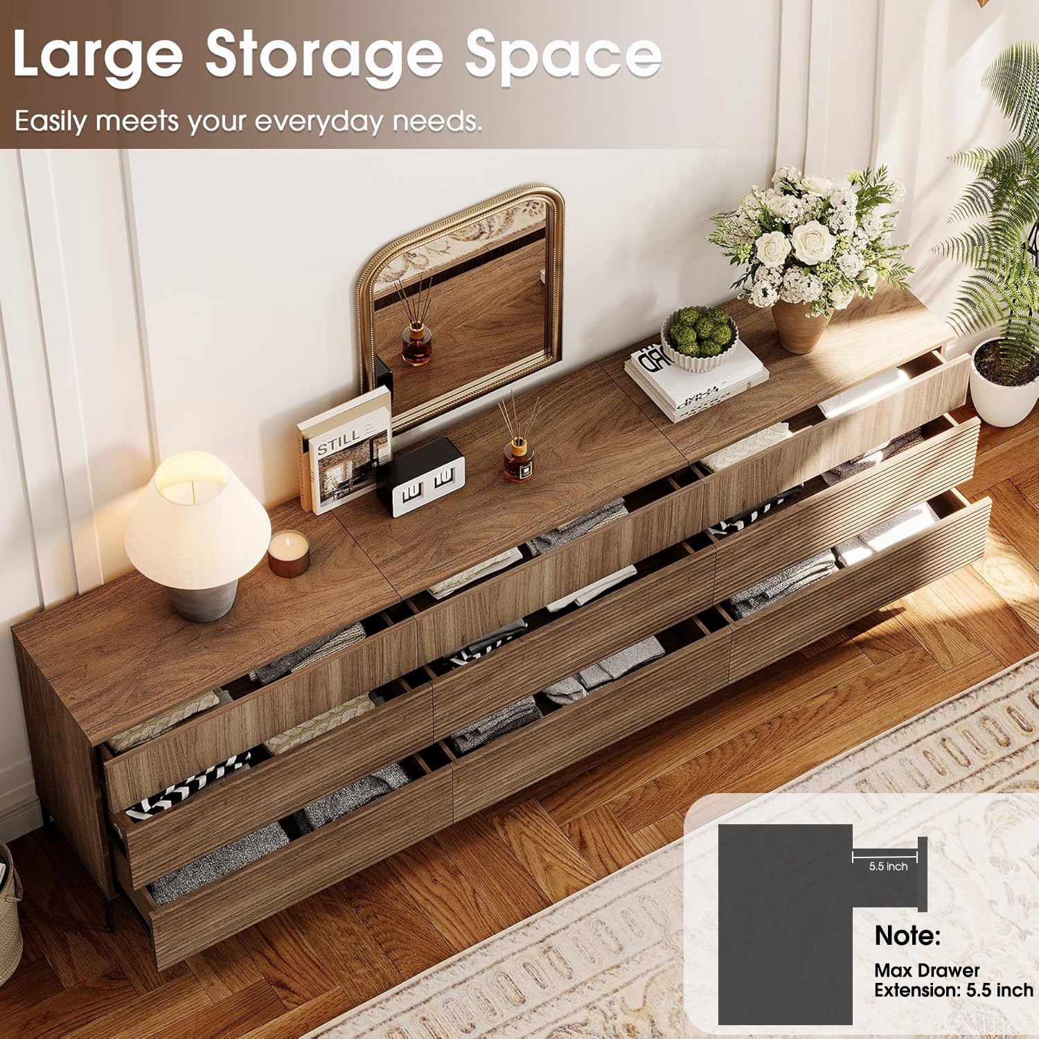 Modern 9 Drawer Dresser TV Stand for TVs up to 100 Inch, Reeded Entertainment Center, Wood TV Console with Storage for Living Room