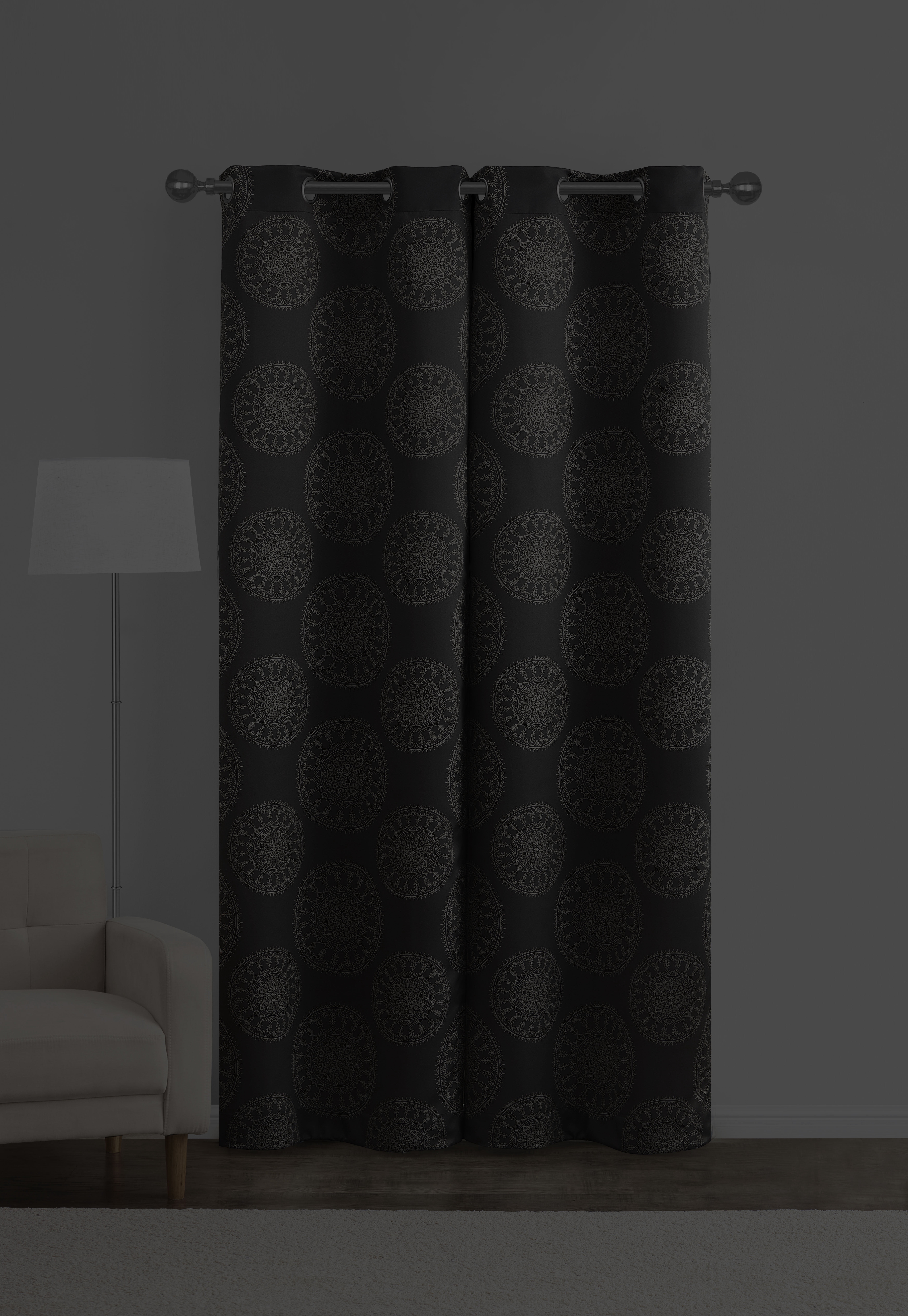 Mainstays Room Darkening Grommet Curtain Panel Pair, Set of 2, Medallion Gray, 30"W x 84"L