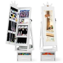 Gymax Swivel Kids Jewelry Cabinet w/ Lights Full-Length Mirror & Built-in Mirror