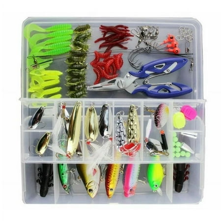 Fishing Lures Assorted Starter Set with Tackle Box Include Frog Minnow Popper Pencil Crank Spoon Spinner Maggot Shrimp Baits Swivels for Freshwater Trout Bass Salmon