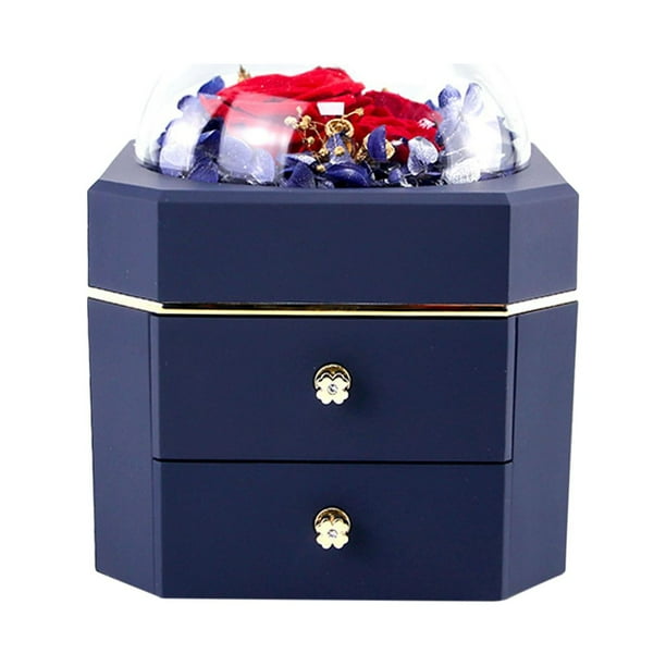 Joyero, collar, anillo, baratijas, cajón, organizador de almacenamiento, estuche, tocador Azul de doble capa