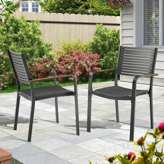 Ulax Furniture Outdoor Stackable Chairs Patio Aluminum/Plastic Dining Armchair With Teak Arm, Set of 2
