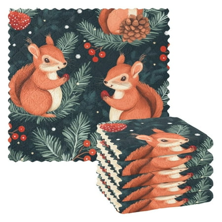 

6 Pieces of Kitchen Towels 11x11Inch Kitchen Dish Cloths Kitchen Dish Towels Reuseable Cleaning Cloths Christmas Pretty Squirrel
