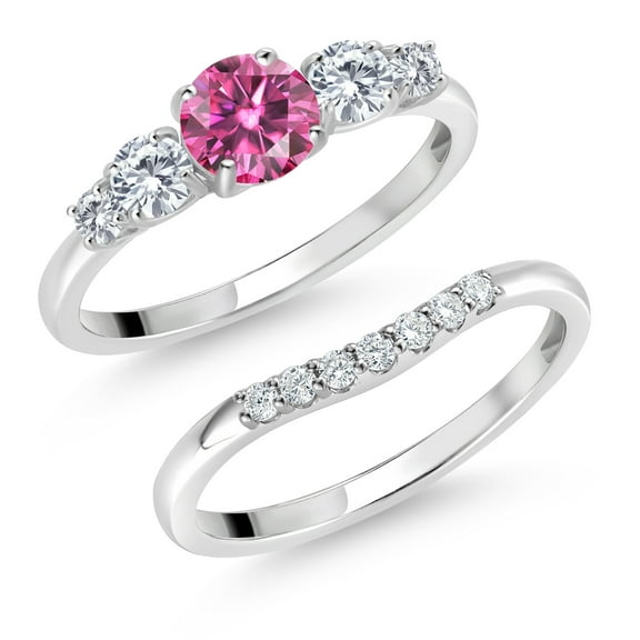 Gem Stone King 10K White Gold Pink Moissanite White Moissanite and Lab Grown Diamond 5 Stone Bridal Engagement Wedding Ring Set for Women (0.81 Cttw, Round: 5MM and 3MM, in Size 5,6,7,8,9)