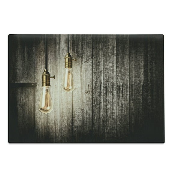 Industrial Cutting Board, Historical Innovation Edison Revival Retro Electricity Wooden Planks, Decorative Tempered Glass Cutting and Serving Board, Large Size, Pale Yellow Brown, by Ambesonne