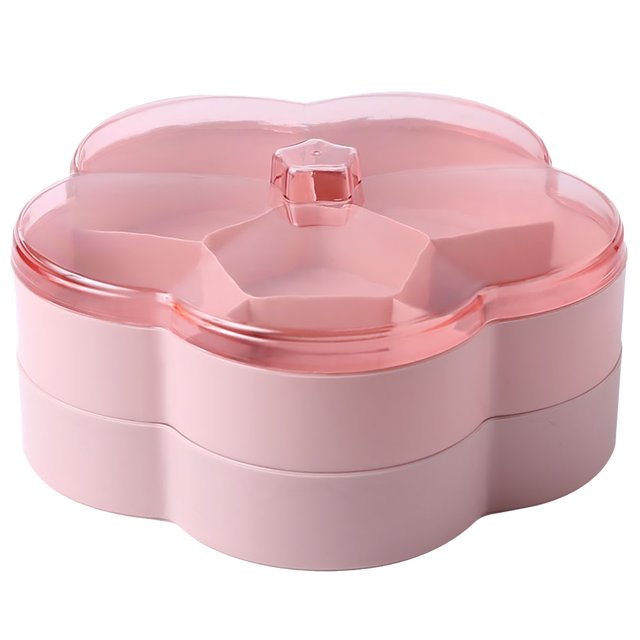 Transparent Lid Snacks Case Dried Fruit Divided Plate Food Snack Tray Nuts Candy Storage Box Flower Shaped Storage Case (Pink Double-layer)