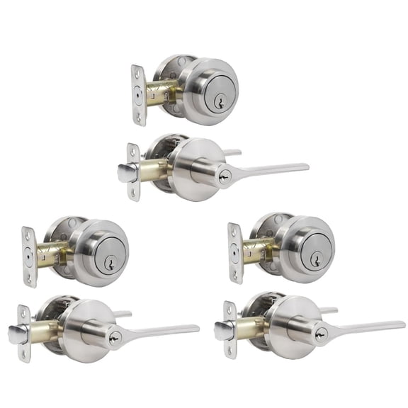 Keyed Alike Front Door Handle and Deadbolt Set, Roundness Heavy Duty Door Handle with Deadbolt Locks, Deadbolt Lock and Door Knob Set for Exterior Doors Satin Nickel, 3Pack