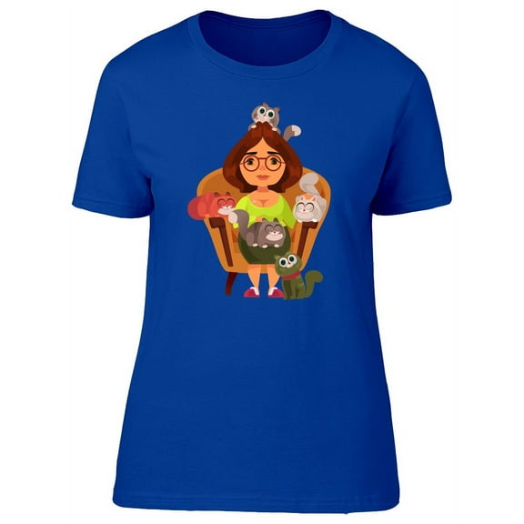 Lovely Lady With Kittens Cartoon T-Shirt Women -Image by Shutterstock, Female Small