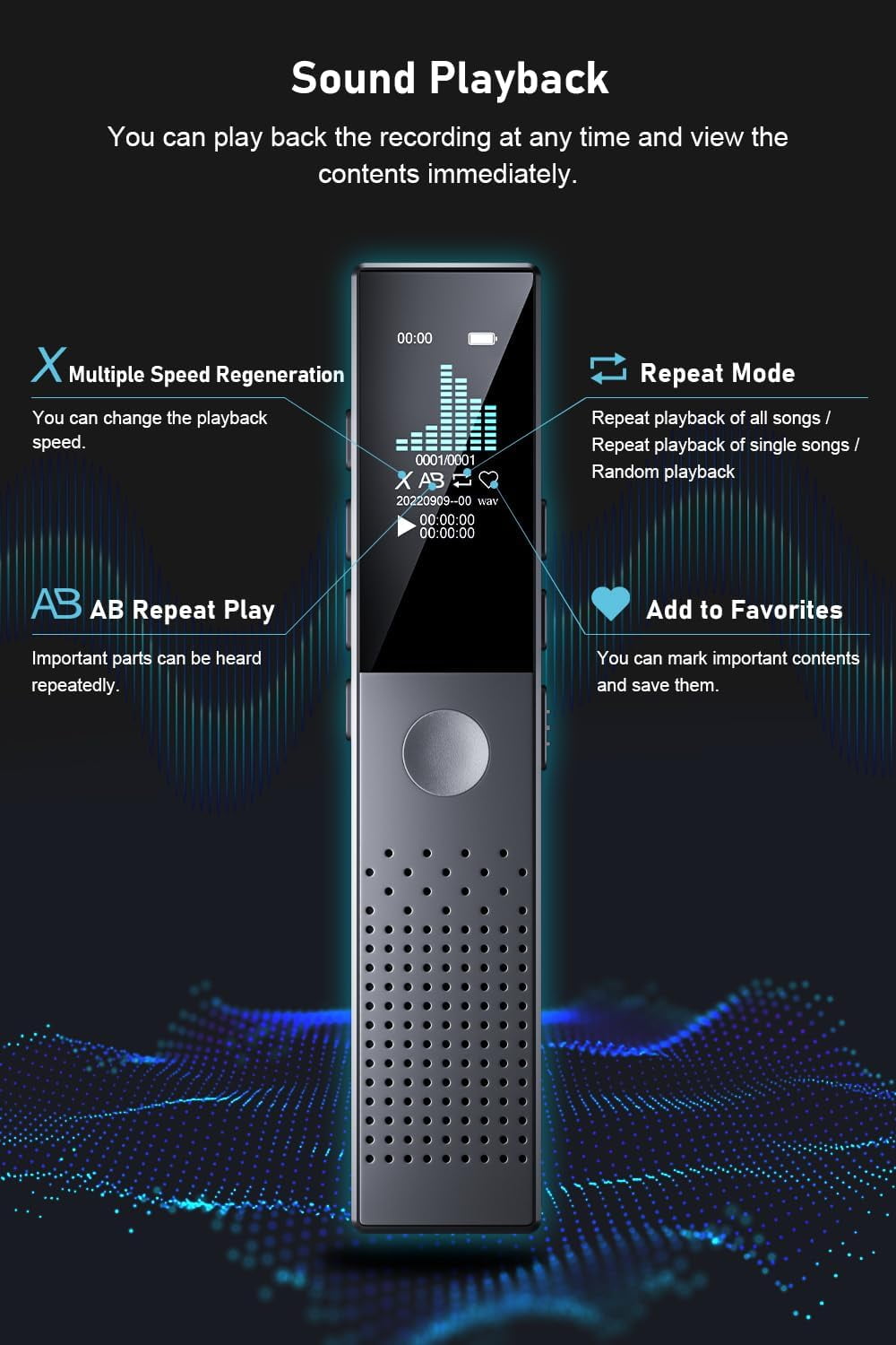 MUSICOZY Voice Recorder Compact IC Recorder MP3 Player [64GB Large Capacity & Bluetooth 5.2 & 3072kbps Sound Quality] VOR Recording AB Recording Repeat Playback Bluetooth Lecture Recording