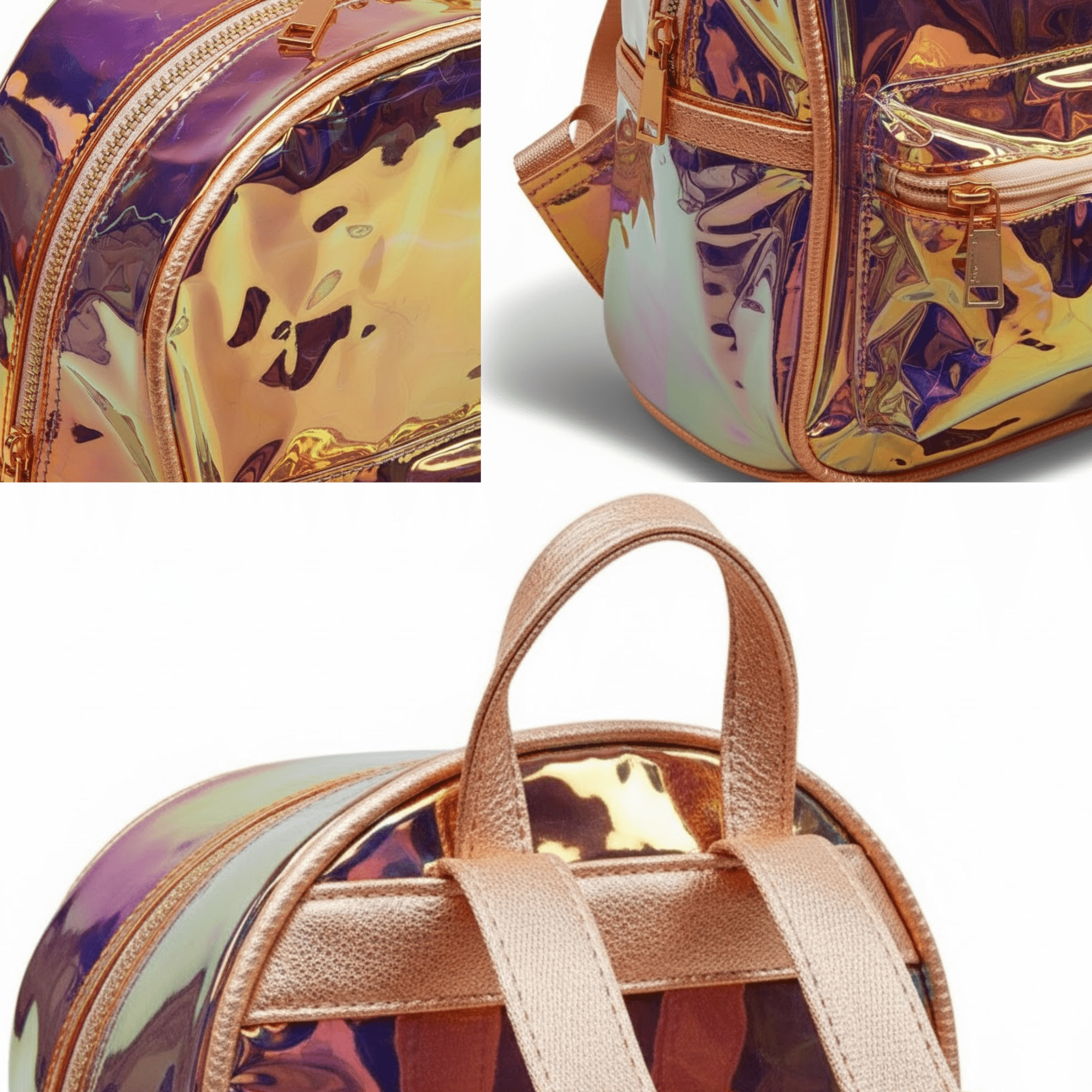 Clear Above Iridescent Mini Backpack with Purse – Holographic Shoulder Daypack for Travel, Concerts, Festivals & Everyday Fashion (Bronze Trim)