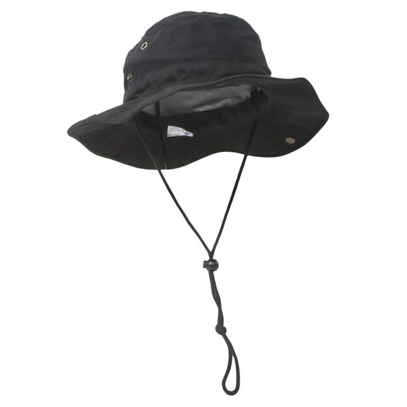 MG Men's Brushed Cotton Twill Aussie Side Snap Chin Cord Hat - Black - Small