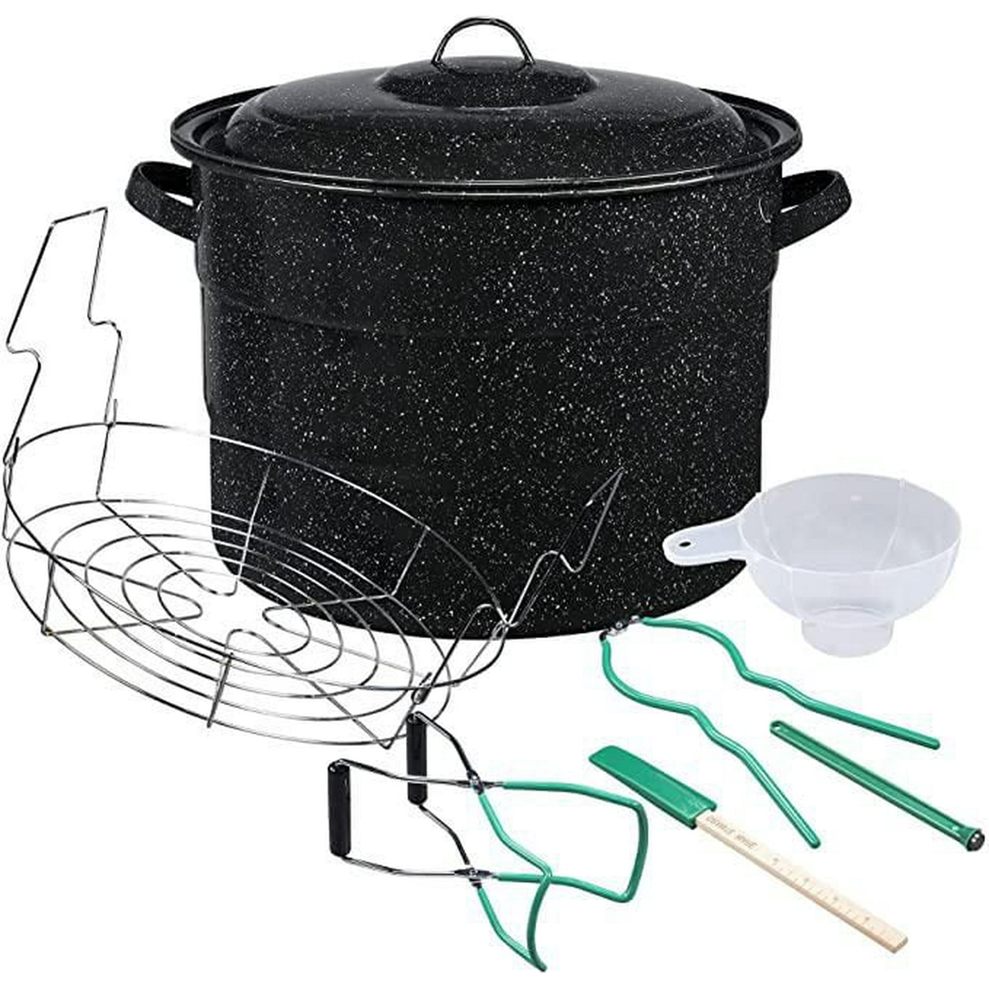 Granite Ware water-bath canning pot with rack and starter tools