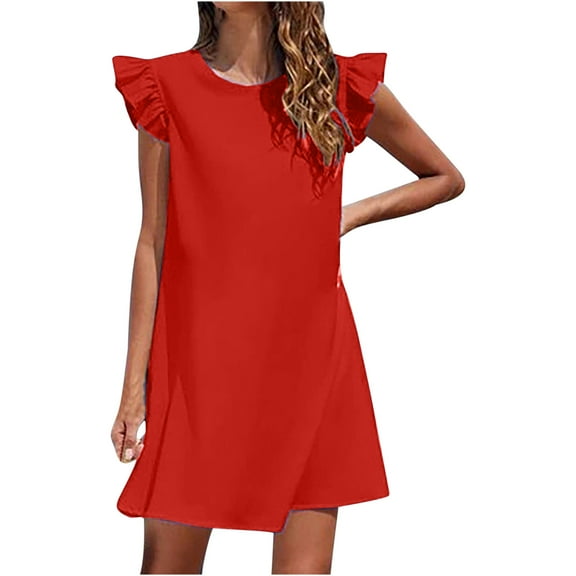 Clearance-Sale Summer Dresses for Women 2023 Plus Size Sleeveless Solid Color Dress Round Neck Ruffle Maxi Loose Fit Y2K Fashion Elegant Party Club Beach Seaside Homecoming A-Line Swing Hem Dress