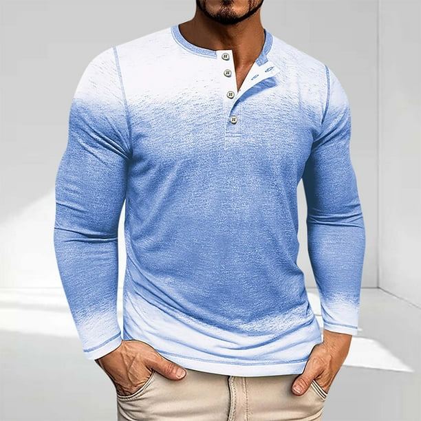 Blusas y camisas de manga larga con cuello redondo y degradado para hombre, blusas casuales con botones y cuello redondo, blusas de poliéster para hombre
