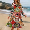 thumbnail image 4 of Aueoeo Boho Dresses for Women Long Sleeve Casual Pleated V Neck Dress Knee Length A Line Tunic Ruffle Dress, 4 of 6