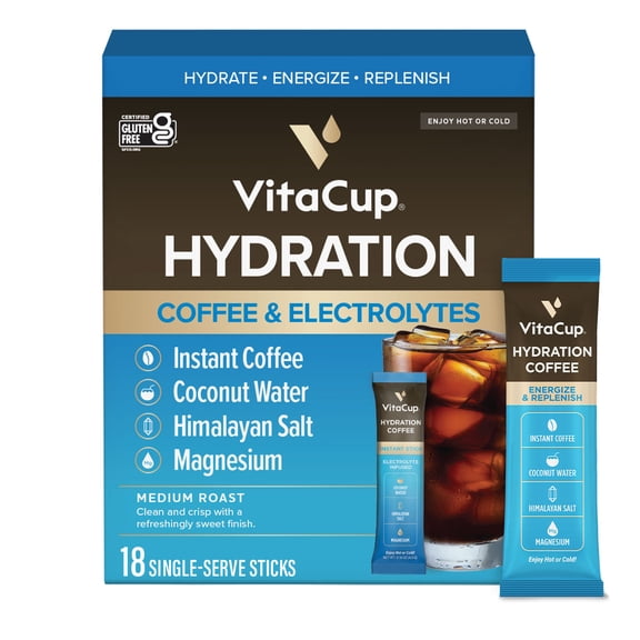 VitaCup Hydration Instant Coffee Packets for Electrolyte Drink Mix, 18 Ct