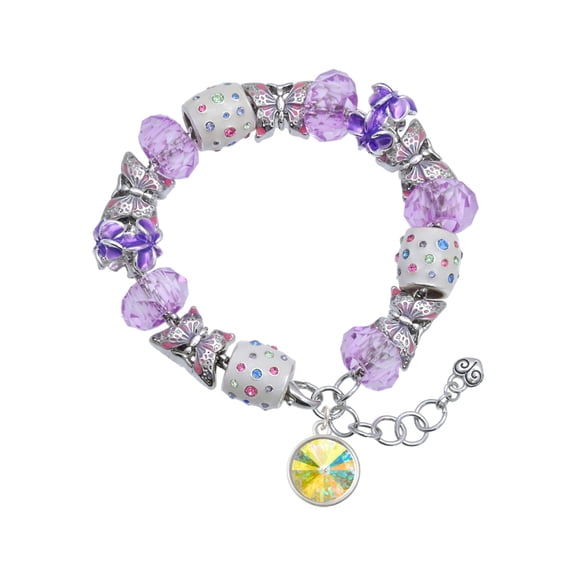 Delight Jewelry 12mm Crystal Rivoli - Clear AB Purple Butterfly Bead Charm Bracelet, 7" 1" Extender