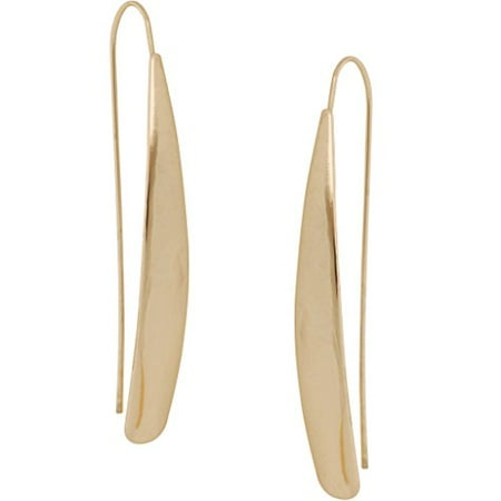 Yellow Gold Dangling Threader Earrings - Curved Flat Bar Dangles - Metallic Long Linear Tear-Drop Shiny Polished Threader Earrings, High Shine Gold-Tone, by Humble Chic NY