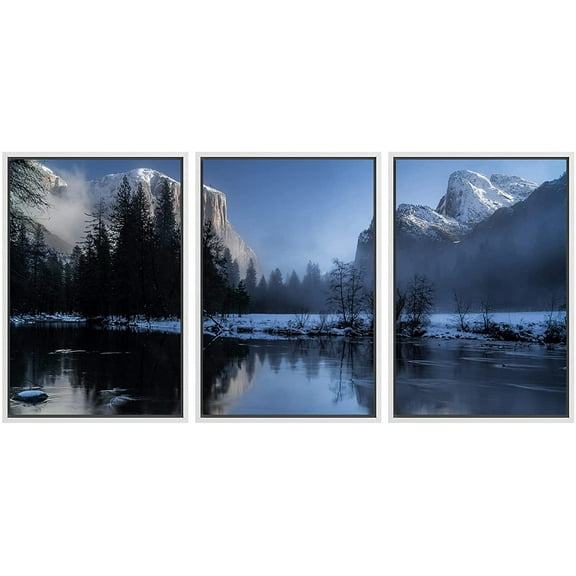 wall26 - 3 Piece Framed Canvas Wall Art - Winter Landscape of Snow Mountain with Reflection in The Lake - Modern Home Art Stretched and Framed Ready to Hang - 16"x24"x3 WHITE
